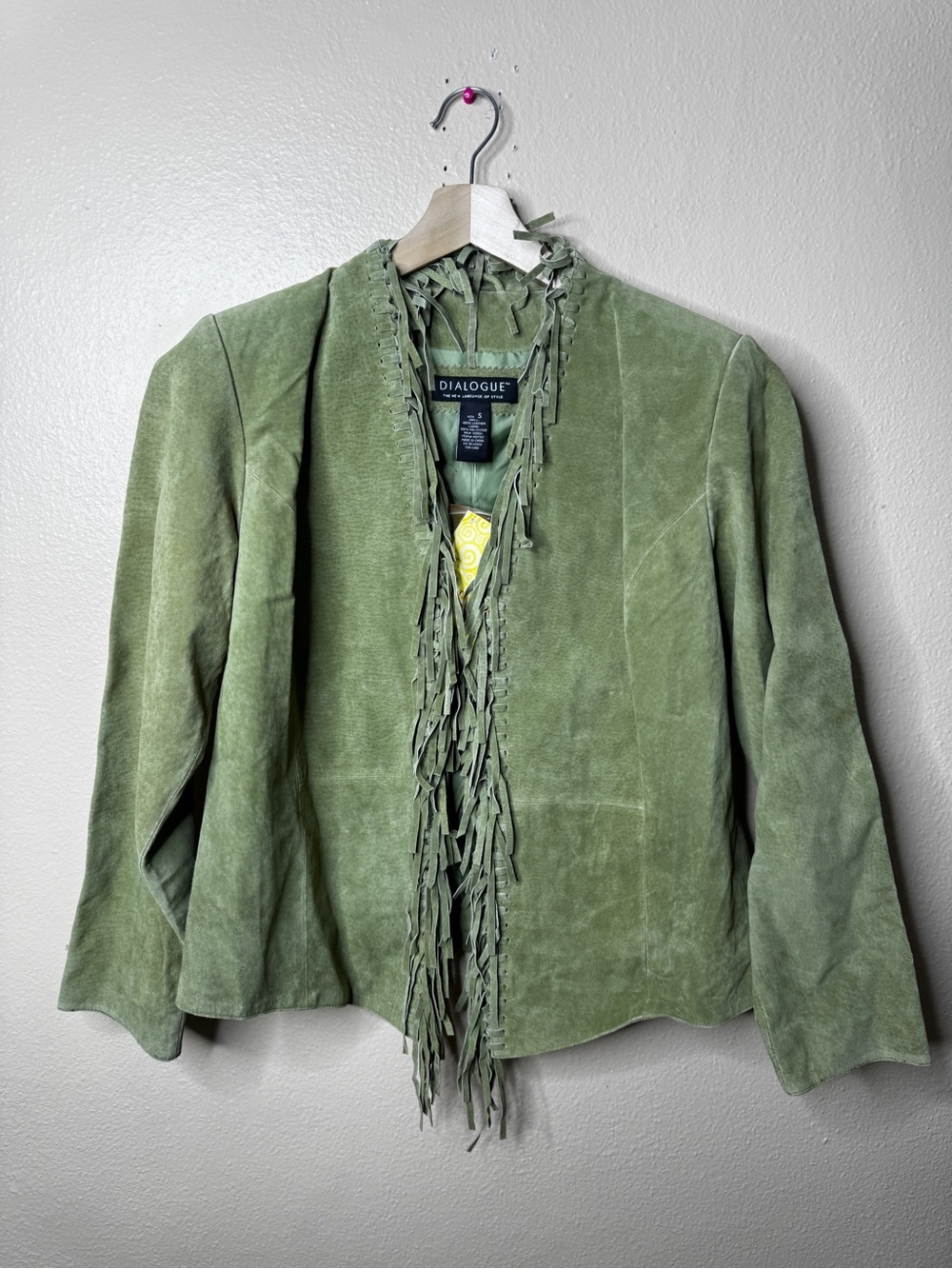 Dialogue Women’s S Sage Green Suede Leather Fringe Western Boho Jacket NWT